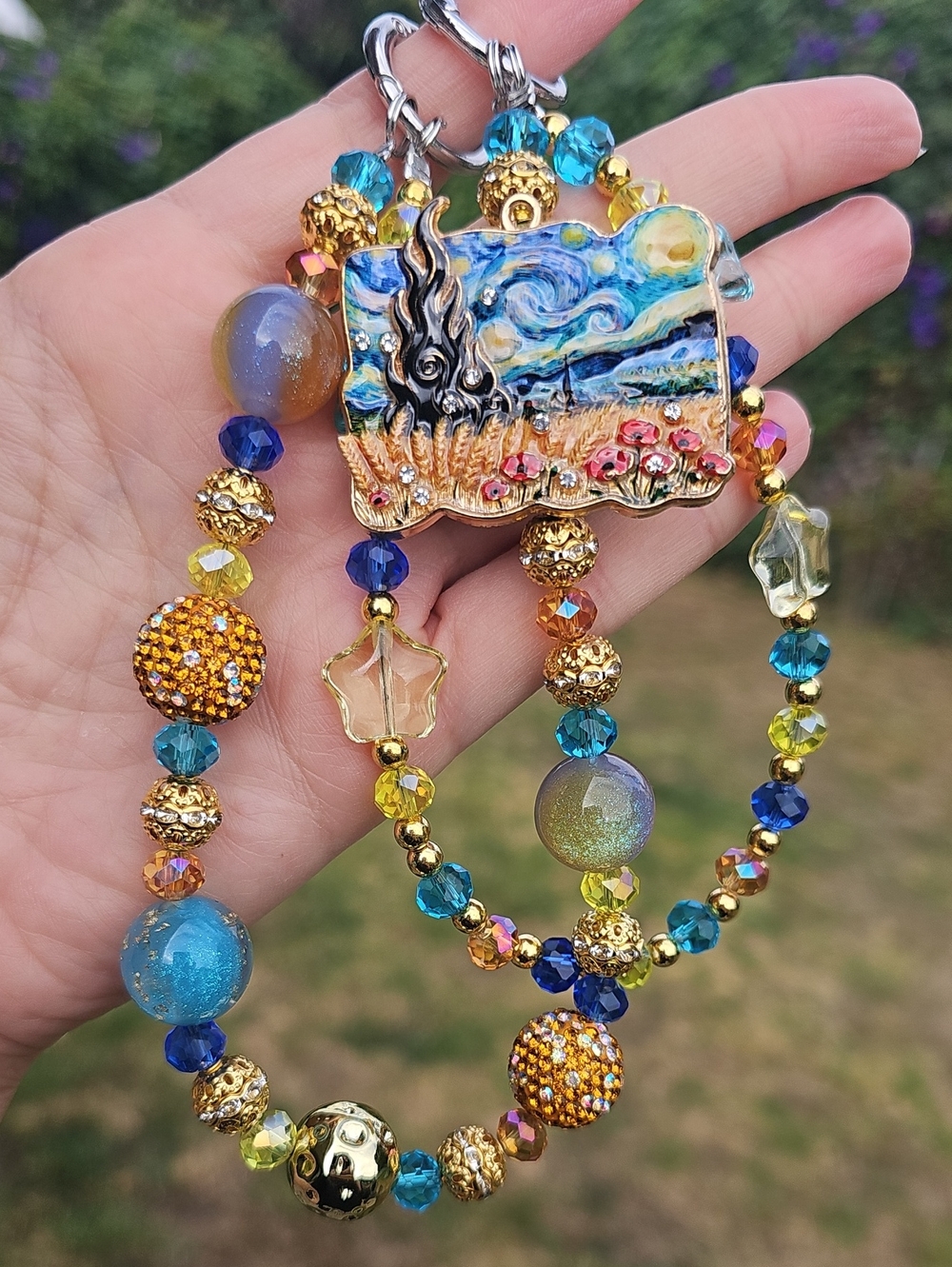 Handmade Beaded Keychain with Starry Night Van G. Landscape Charm - Blue & Gold